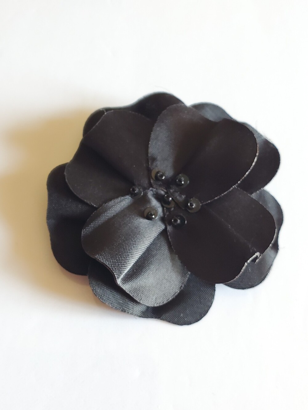 Vtg. Black Satin Flower Brooch